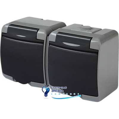 Розетка 2X із заземленням Schuko RHE-2s-SRG (сіра/графіт. кришка, IP54)