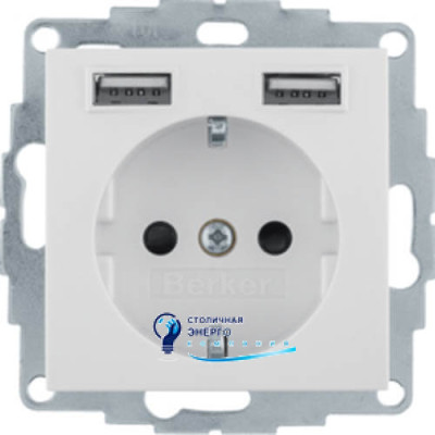 Розетка с заземлением 16А/250V + 2хUSB A-A /2.4A, белая S.1