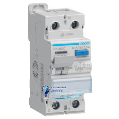 Дифференциальное реле (УЗО) 2P, 10kA, 80A, 300mA, A-Hi