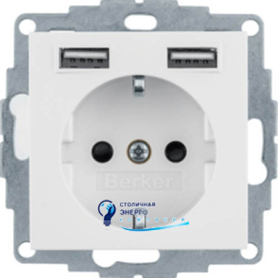 Розетка із заземленням 16А/250V + 2хUSB A-A /2.4A, полярна білизна S.1
