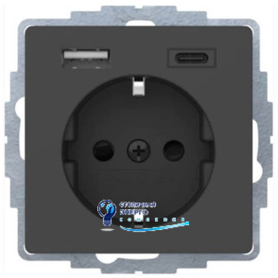 Розетка з з/к 16A, 250V + 2хUSB A-С /3A, антрацит Q.x