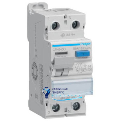 Дифференциальное реле (УЗО) 2P, 10kA, 40A, 300mA, A-Hi