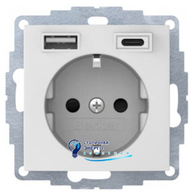 Розетка с з/к 16A, 250V + 2хUSB A-С /3A, пол.белизна-matt S.1