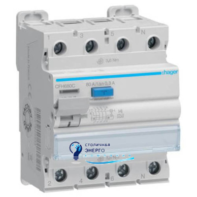 Дифференциальное реле (УЗО) 4P, 10kA, 80A, 300mA, A-Hi