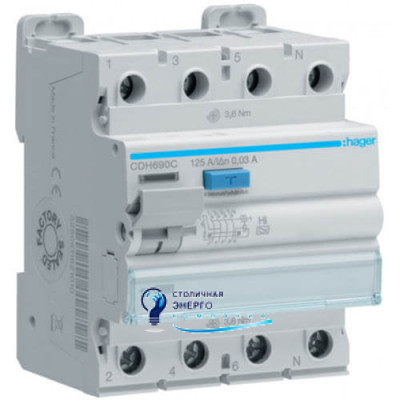 Дифференциальное реле (УЗО) 4P, 10kA, 125A, 30mA, A-Hi