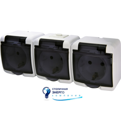 Розетка 3-я (Schuko) (дымчатая крышка) (IP44/54) RHE-3sd