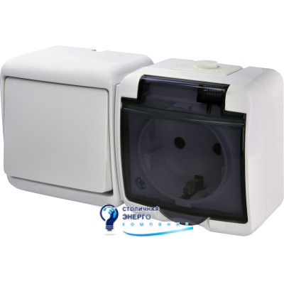 Вимикач з розеткою гориз. (1кл.вимик.+1-я роз.schuko_димч.кр.), VRHH-1sd, IP44/54