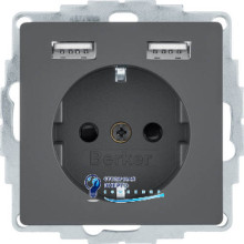 Розетка с з/к 16A, 250V + 2хUSB A-A /2.4A, антрацит Q.x