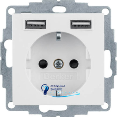 Розетка с з/к 16A, 250V + 2хUSB A-A /2.4A, пол.белизна Q.x