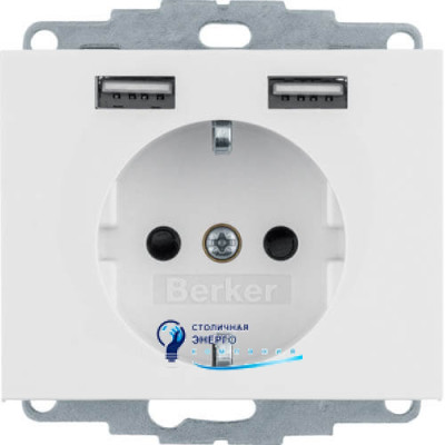 Розетка с з/к 16A, 250V + 2хUSB A-A /2.4A, пол.белизна K.1