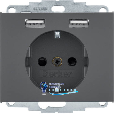 Розетка з з/к 16A, 250V + 2хUSB A-A /2.4A, антрацит K.1