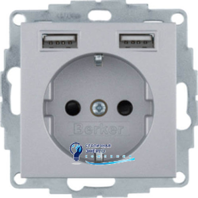 Розетка із заземленням 16А/250V + 2хUSB A-A /2.4A, алюміній S.1