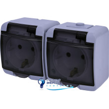 Розетка 2-я (Schuko) (серый_дымчатая крышка) (IP44/54) RHE-2sd-SR