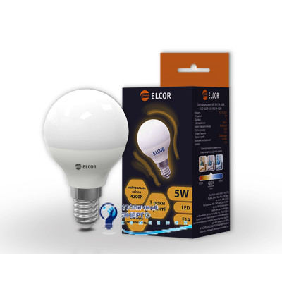 LED лампа G45 5W Е14 шар 4200K ELCOR