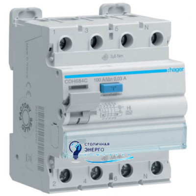 Дифференциальное реле (УЗО) 4P, 10kA, 100A, 30mA, A-Hi
