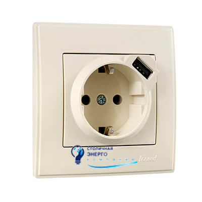 Розетка із заземленням+USB «LESYA», крем