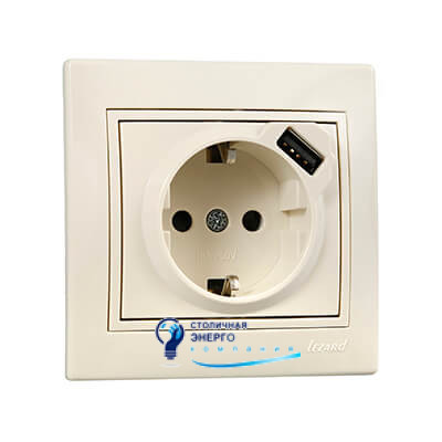 Розетка із заземленням+USB «MIRA», кремовая